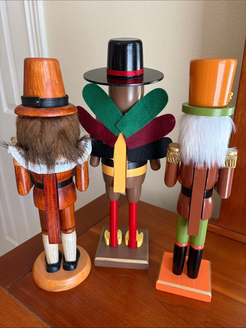3 Wooden Fall Pumpkin Thanksgiving Turkey Pilgrim Wood Nutcrackers Farmhouse